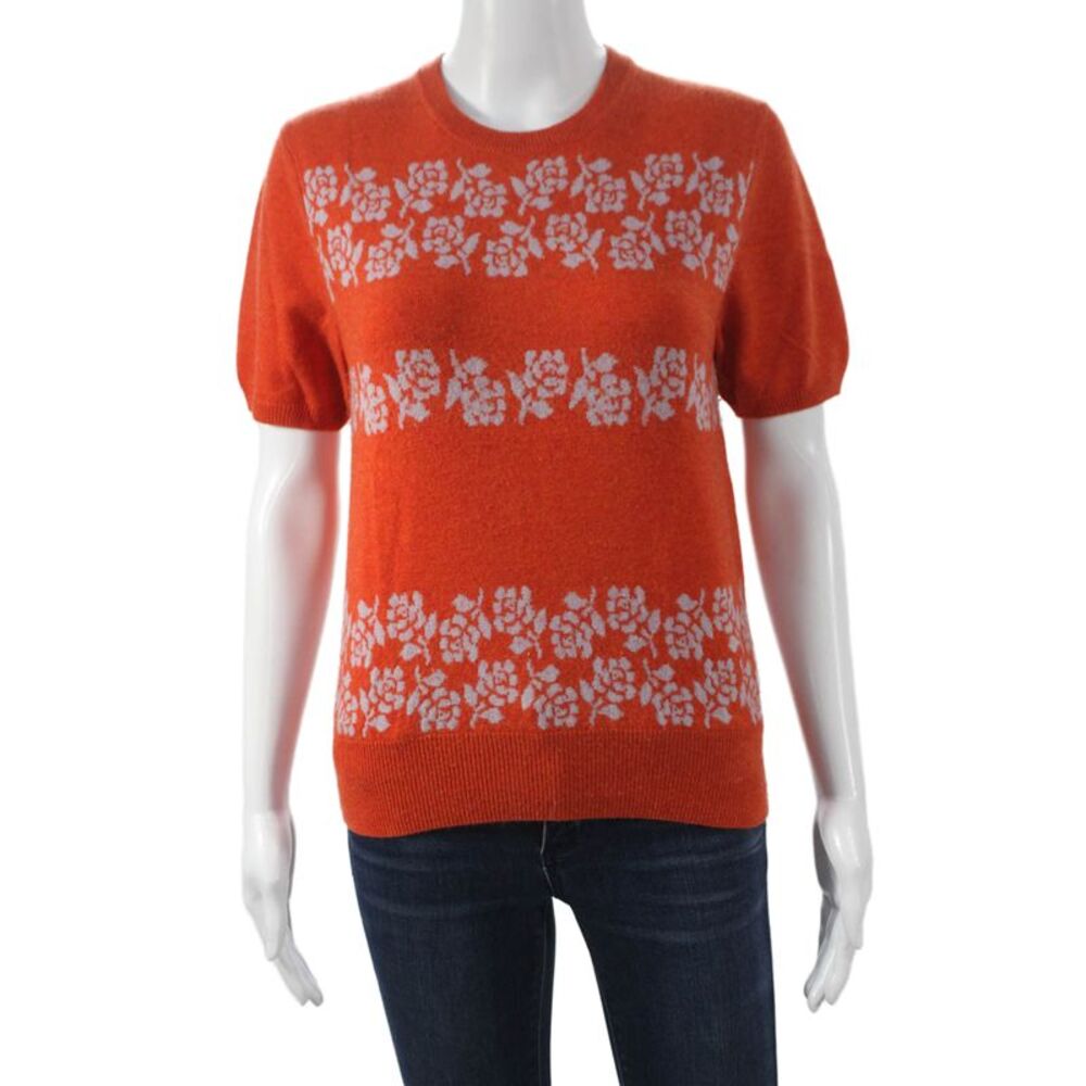Lingua Franca Womens Orange Floral Wool Cashmere Pullover Sweater Size S